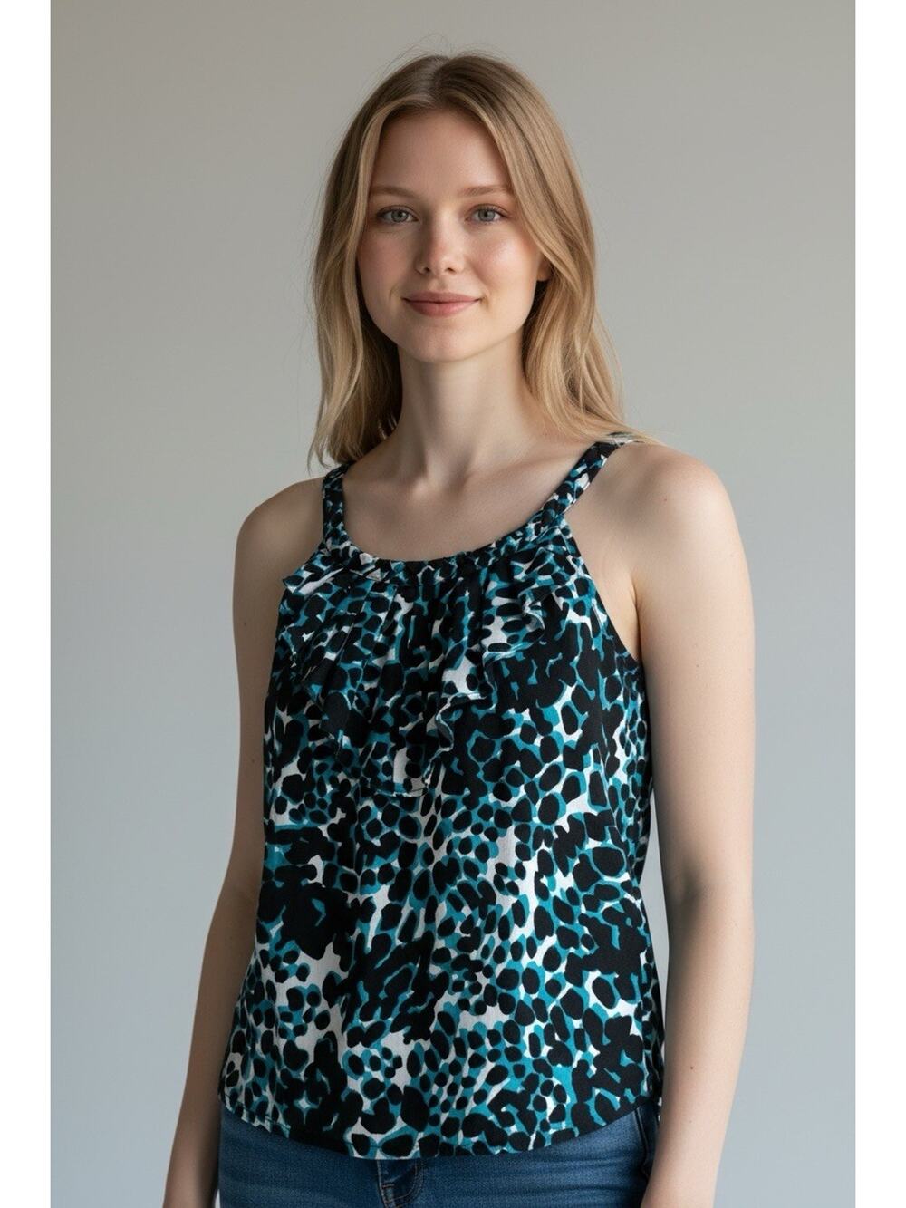 Banana Republic Women's Tank Top Animal Print Size M Braided Straps Turquoise